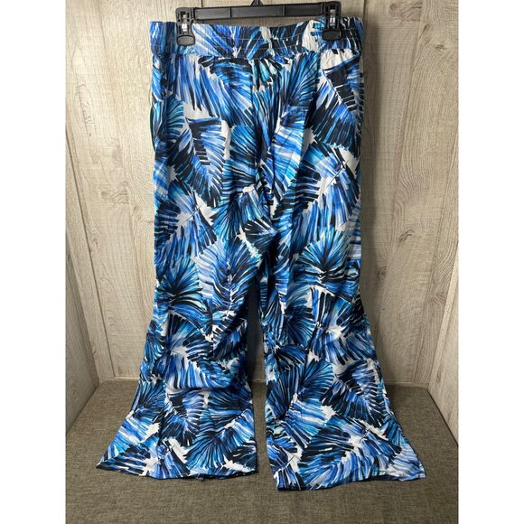 Tropic Goddess Women Large Blue Tropical Leaf Print Cruise Beach Wide-Leg Pants - Picture 2 of 7
